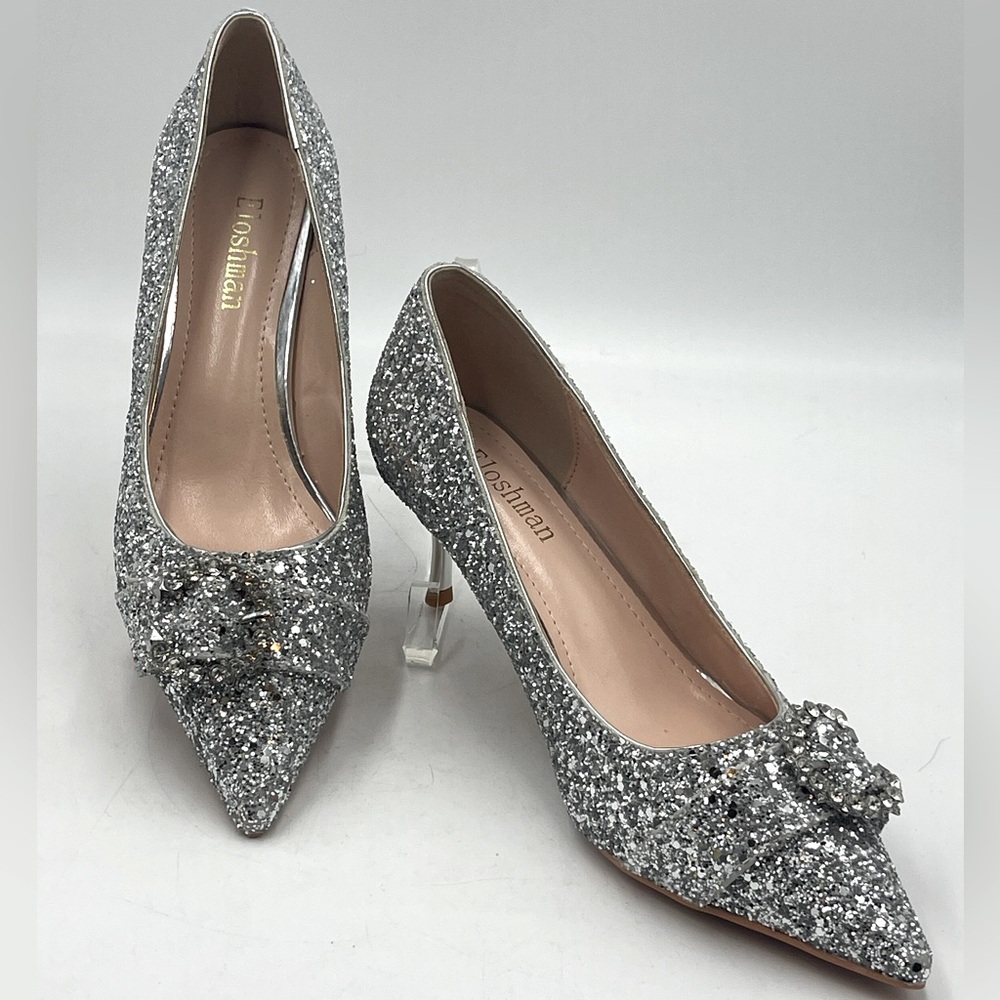 Eloshman Shoes: Silver Crystal Rhinestone Pumps with 2 1/2” Heel & Accent Buckle
